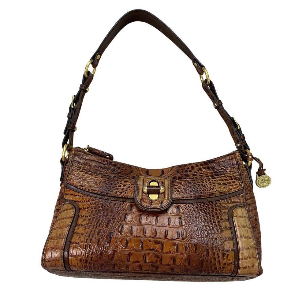 Brahmin Izzie Hobo Shoulder Bag Medium Brown Croc Embossed Leather Gold Trim